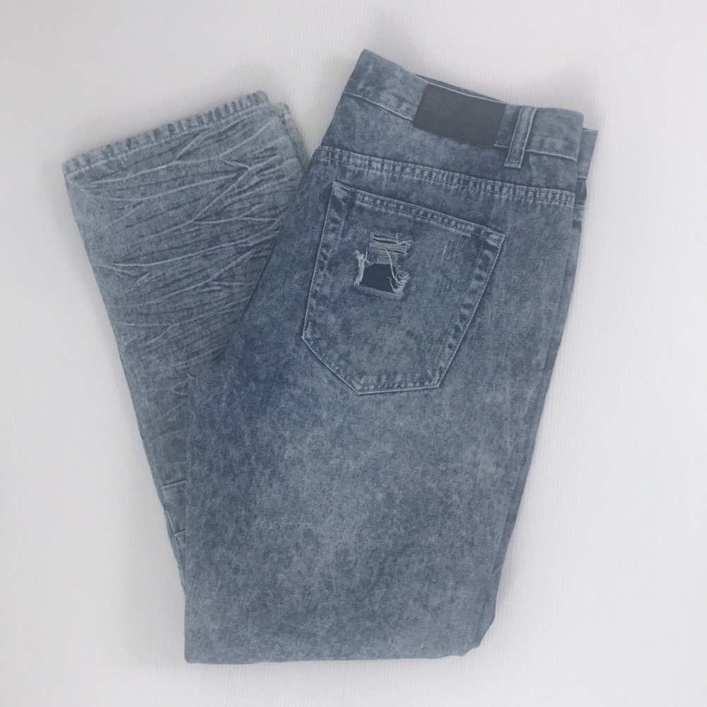 Blue Stitch Slim Straight distressed acid washed blue jeans men’s Sz 36 x 32 Y2K